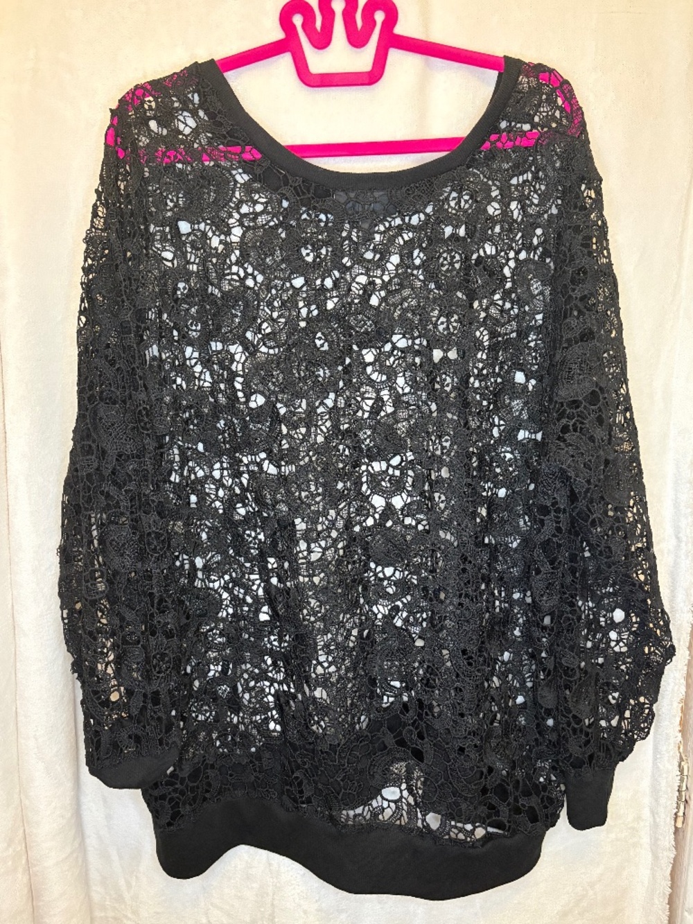 Lane Bryant Black Lace Top 22/24 Sheer Long Sleeve Crochet Blouse Plus Size